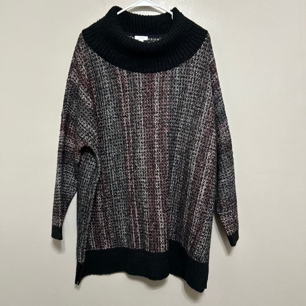 Pure Jill Cowl Neck Sweater M/L Black Burgundy Striped Oversized Marbled Knit